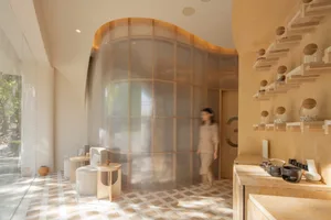 A serene minimalist spa interior featuring wooden seating, transparent glass walls, and natural light.