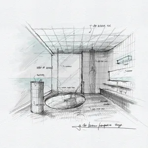 A modern bathroom floor plan with a view of the ocean and a cylindrical sink.