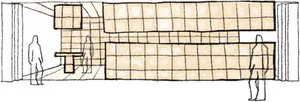 A modern interior space with a grid pattern design.