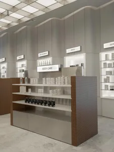 Modern interior metal shelving display with various products.