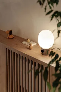 A modern living room featuring a wooden lamp and greenery on a wooden furniture piece.
