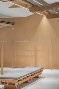 Modern minimalist furniture made of wood in a minimalist space.