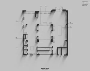 A detailed 2D technical drawing of a retail store's floor plan highlighting wooden flooring and spatial layout.