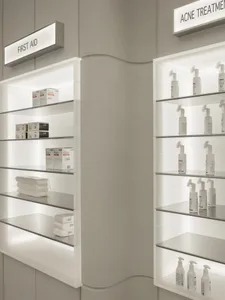 A minimalist retail store display featuring glass shelves with various products.
