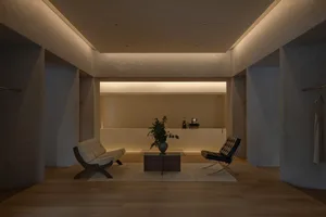 A modern living room with wooden and concrete surfaces featuring two armchairs and a coffee table with a plant.