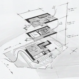 A three-floor residential interior floor plan with views of the ocean, featuring a bathroom, bedroom, and kitchens on each le