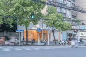 A street scene with trees and concrete buildings.