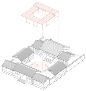 Detailed architectural blueprint of a traditional Chinese building with a central courtyard and multiple rooms.