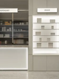 Modern retail storefront with white painted shelving and signage displaying product displays.