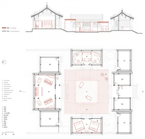 A detailed 2D architectural drawing of a traditional Chinese building layout, showing various rooms and spaces.