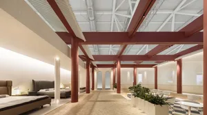 Modern interior design space with contemporary furniture, minimalist decor, and exposed industrial ceiling beams.
