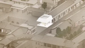 A modern urban integration design featuring a concrete structure amidst traditional buildings.