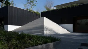 A minimalist black and white house with a concrete staircase and greenery on the roof.