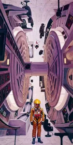 An astronaut in a futuristic space station, surrounded by advanced technology and floating machinery in an upside-down orient