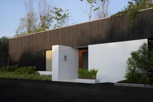 Modern entryway with wooden and concrete materials, surrounded by greenery.