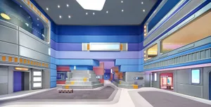 A futuristic, metallic-themed interior design with modern, sleek lines and vibrant colors.
