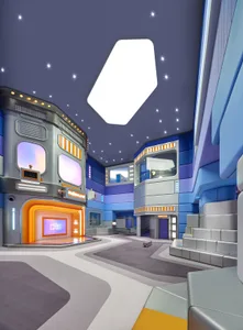 A futuristic, modern interior space with metallic structures, glass walls, and neon lights against a blue background.