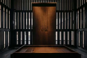 A modern interior featuring wooden doors with metal handles.