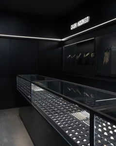 A contemporary jewelry display in a modern retail store showcasing elegant glass and metal fixtures.