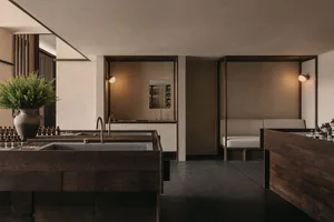 Modern spa interior with dark wooden panels, stone sinks, and minimalist design.
