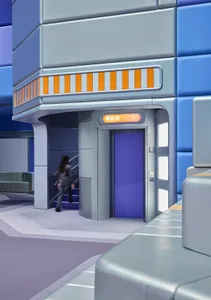 A modern transportation hub with a blue door and orange accents, featuring a metal and glass exterior.
