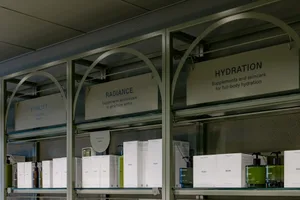 Shelves with signs reading 'Radiance', 'Hydration', and 'Vitality' displaying skincare products.