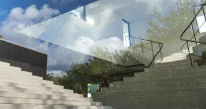 A modern architectural rendering featuring a glass exterior.