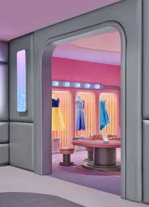 現代零售空間展示彩色禮服於人體模型上。