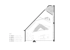 3D floor plan of the 3rd floor of an office building showing different zones and furniture arrangements.