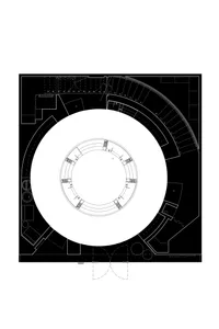 Detailed 2D architectural drawing of an arena with a circular central dome and surrounding seating areas.