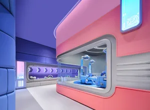 A vibrant futuristic amusement park interior with colorful, synthetic materials and interactive elements.
