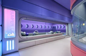 Interior of a futuristic amusement ride space with bumper cars and purple lighting.