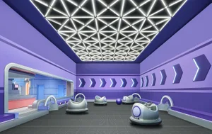 An industrial-style gymnasium with metallic bumper cars and futuristic lighting.