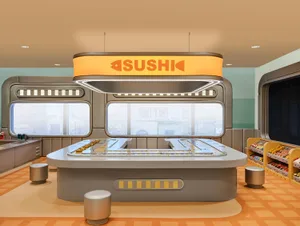 A modern sushi restaurant with an industrial design featuring metallic and glass elements, illuminated by neon lighting.