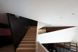Modern, minimalist interior design featuring a wooden staircase with concrete walls.