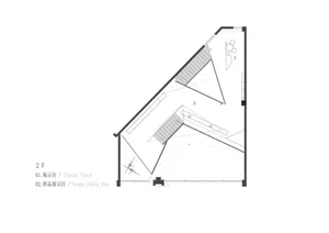 2D architectural drawing of a modern office space featuring wood and glass materials for open-plan workspaces