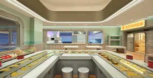 A modern restaurant kitchen with a conveyor belt counter displaying a variety of dishes, white stools, and a sign reading 'Ki