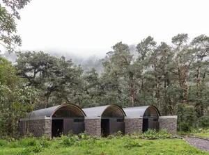 Modern stone and concrete mountain retreat with arched roofs and lush green surroundings.