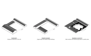 原始場域建築的2D技術圖，展示帶有磨石子屋頂的平面配置。