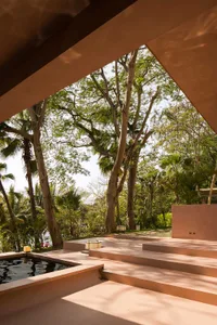 Modern outdoor living space with concrete steps and a pool surrounded by lush greenery.