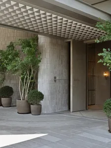 Modern entrance featuring minimalist design with concrete walls and greenery.