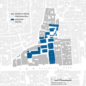A detailed architectural floor plan of an urban renewal development showing hotel sites and urban renewal areas.