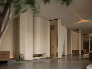 Modern lobby featuring concrete elements for a sleek and contemporary aesthetic.