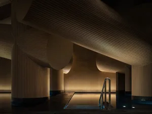 A modern minimalistic spa interior with wooden elements.