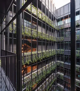 Modern office space with sleek metal-framed glass walls.