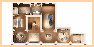 An overhead view of a modern open-concept home floor plan featuring hardwood floors.
