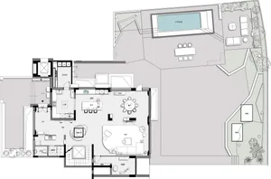 Floor plan of a modern house with living room, kitchen, bedrooms, bathrooms, and outdoor area with swimming pool and garden.