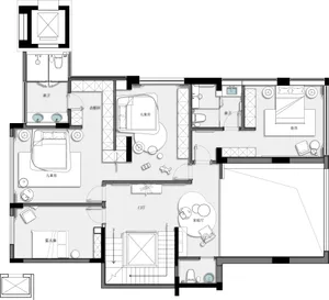 A detailed, 2D architectural drawing of a modern interior design floor plan made of white paper.