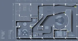 A detailed black and white architectural floor plan of a modern office interior space, featuring open concept workstations, c