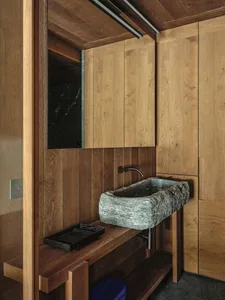 A modern bathroom featuring wooden walls and a rock sink.